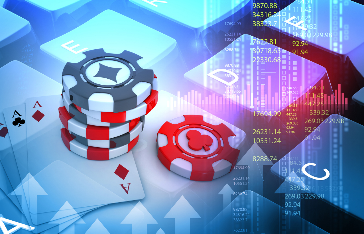 Casino chips and playing cards over live market data